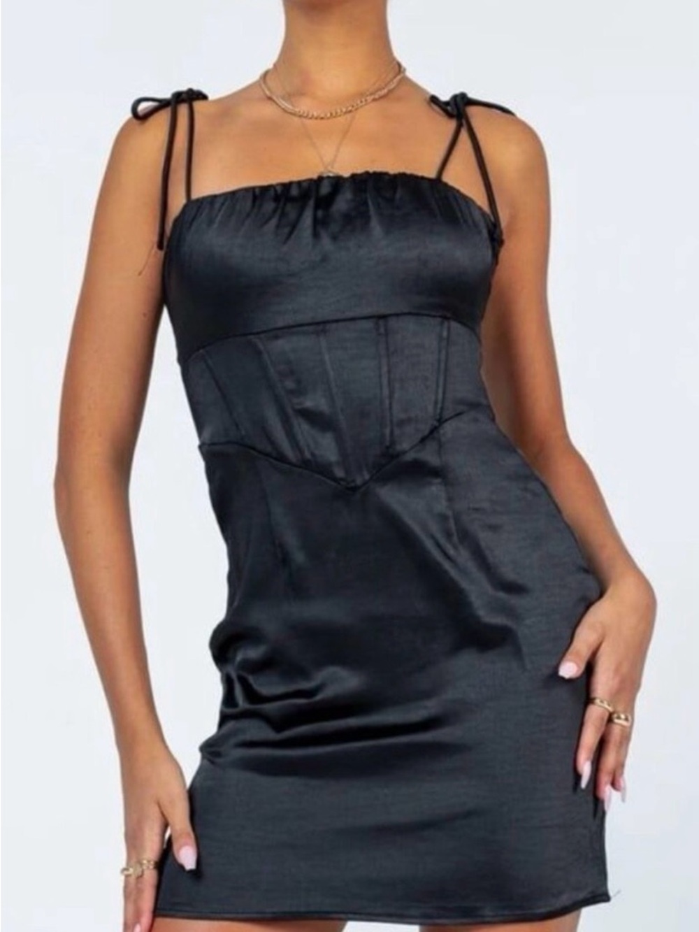Princess Polly Sarah Satin Black Tie-Shoulder Mini Dress